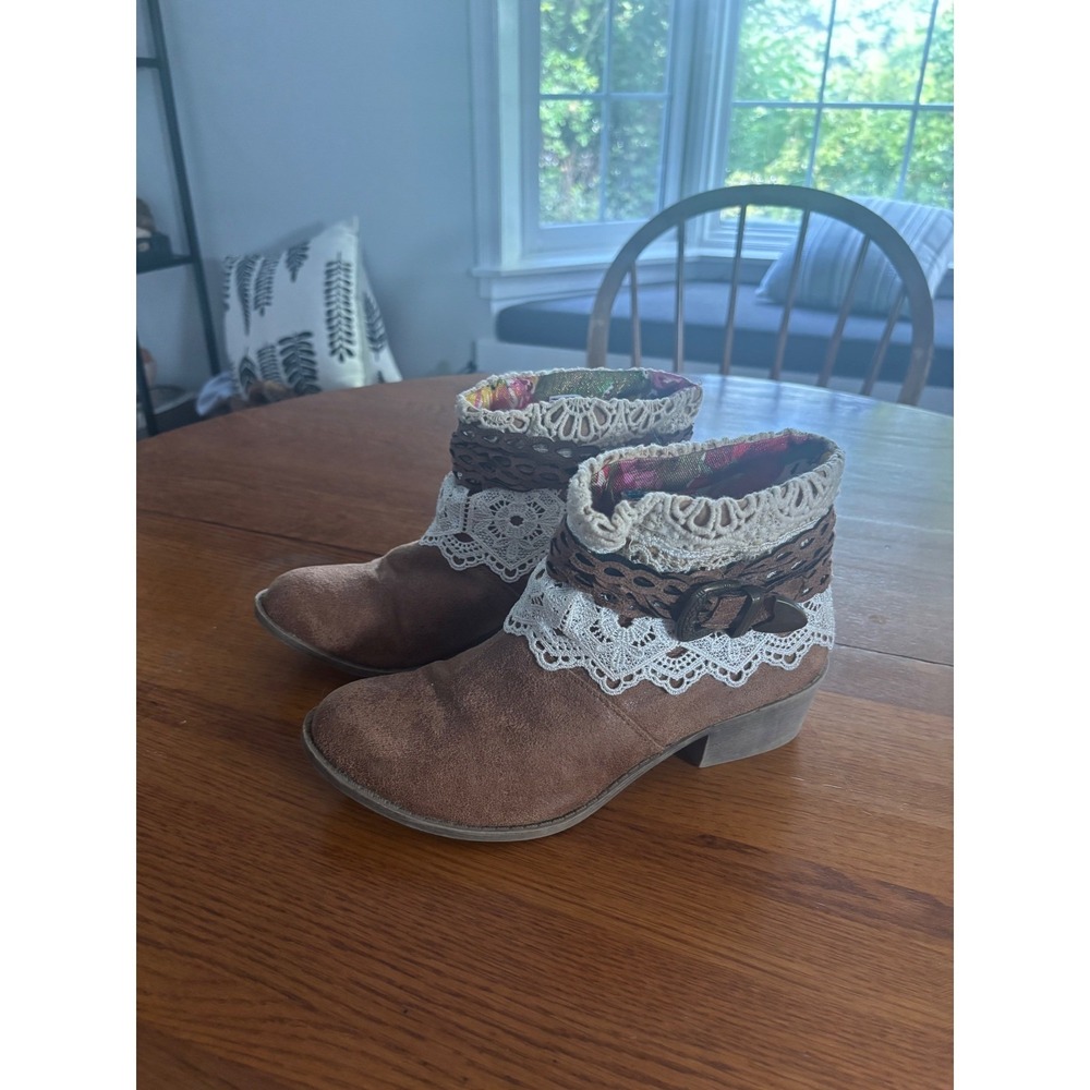 Tigerbear Republik Brown Lace Crochet Ankle Boots Boho Cottagecore Buckle 8.5